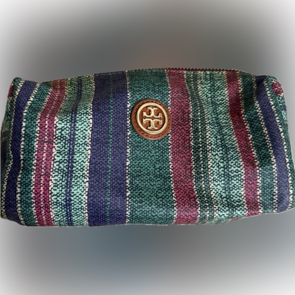 Tory Burch Green and Pink Striped Cosmetic Bag